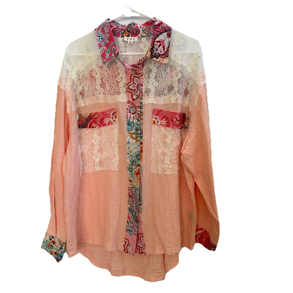 POL Patchwork Floral Trim Long Sleeve Women's Gauze Button Up‎ Shirt Size M - Picture 4 of 16